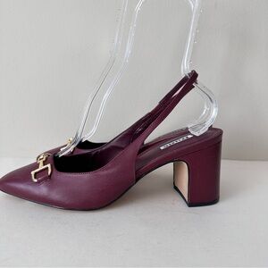 NEW Dune London Detailed Burgundy Leather Block Heel Slingback Shoes, Sz 40/9
